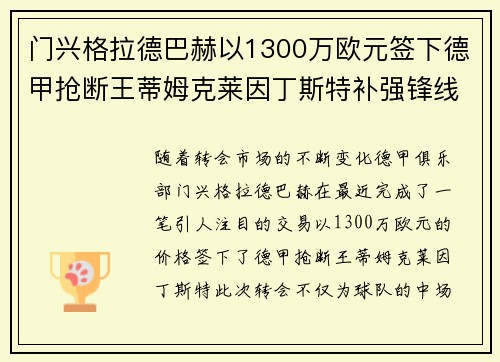门兴格拉德巴赫以1300万欧元签下德甲抢断王蒂姆克莱因丁斯特补强锋线